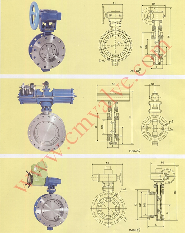 D343H硬密封法兰蝶阀外形示意图及主要连接尺寸