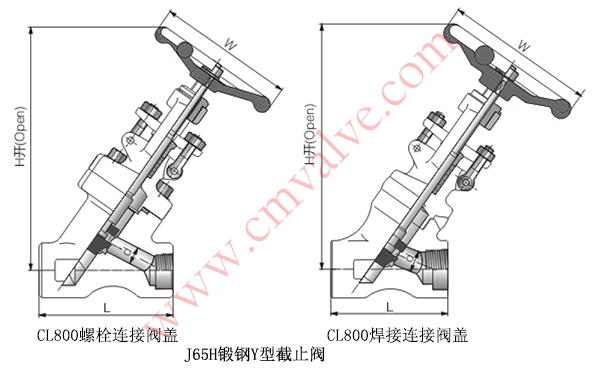 J65H锻钢Y型截止阀CL800外形结构示意图