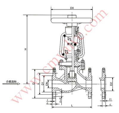 JY41W-16T、JY41W-16P型氧气专用截止阀（DN32-DN200）外形图