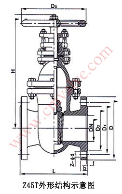 Z45T铸铁暗杆闸阀外形结构示意图