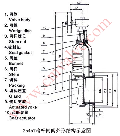 Z545T-10型伞齿轮暗杆闸阀外形结构示意图